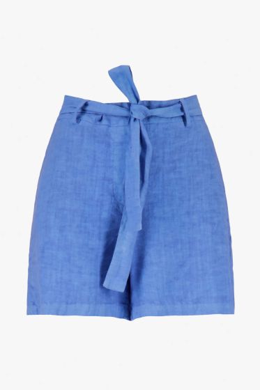 Zusss linnen short met strik ceintuur blauw