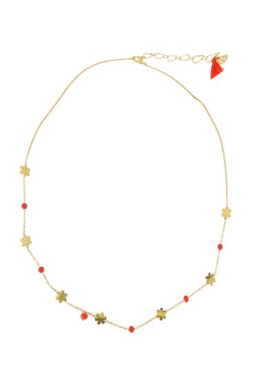 Zusss ketting met bloem kralen oranjerood/goud